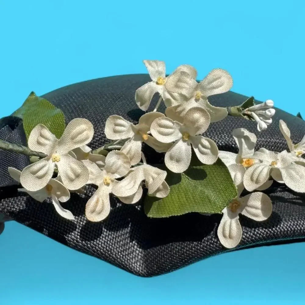 40s garden party tilt hat wavy scallop brim blossom black velvet ribbon bow